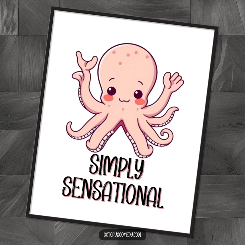 Funny poster art of a kawaii octopus with many arms waving enthusiastically, adding a cheerful and cute vibe to any room.
