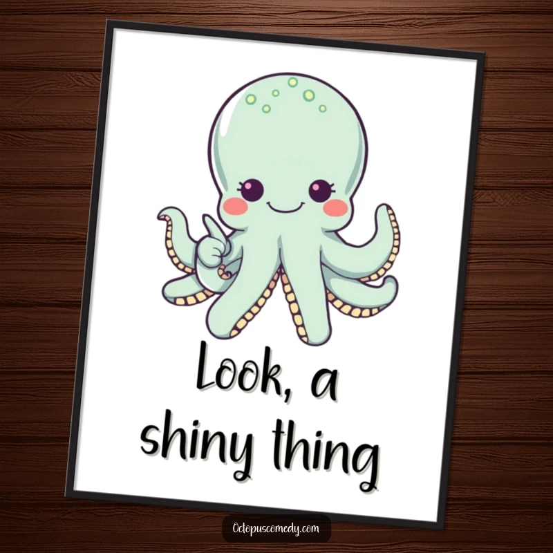 Funny octopus with wide eyes smiling and pointing to a pearl, humorous ocean-themed poster art for wall decor.