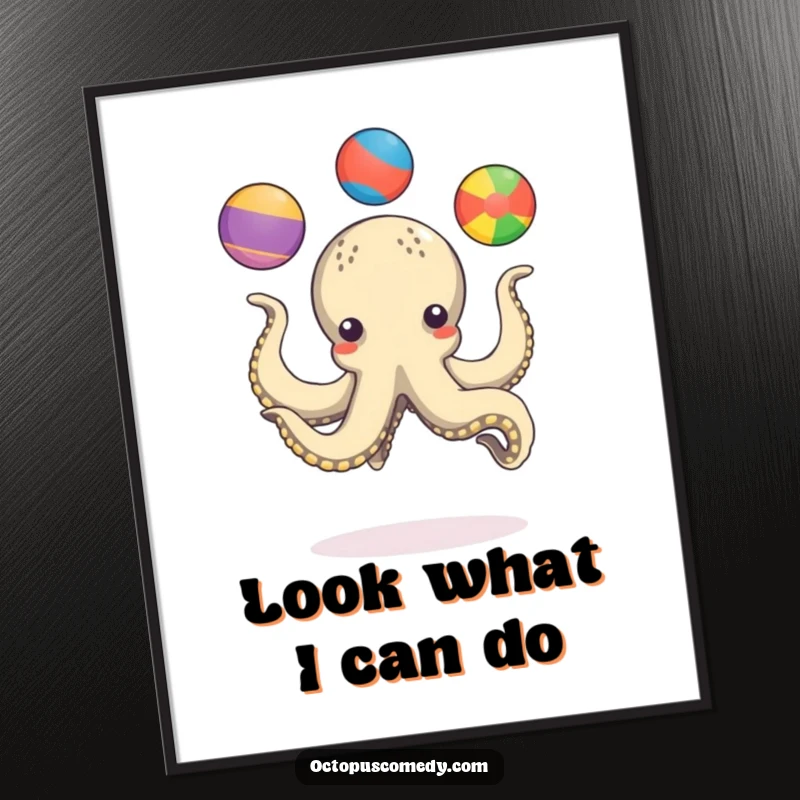 Funny octopus playfully juggling three colorful balls with its many tentacles, humorous poster art.