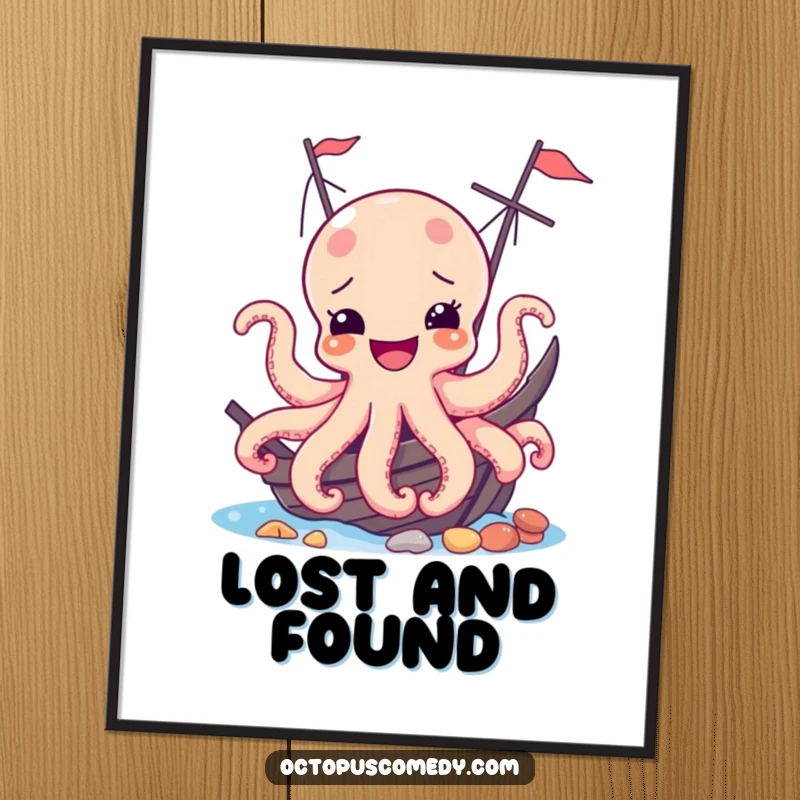 Funny poster of a joyful octopus peeking from behind a shipwreck, creating a humorous and eye-catching piece of wall art.