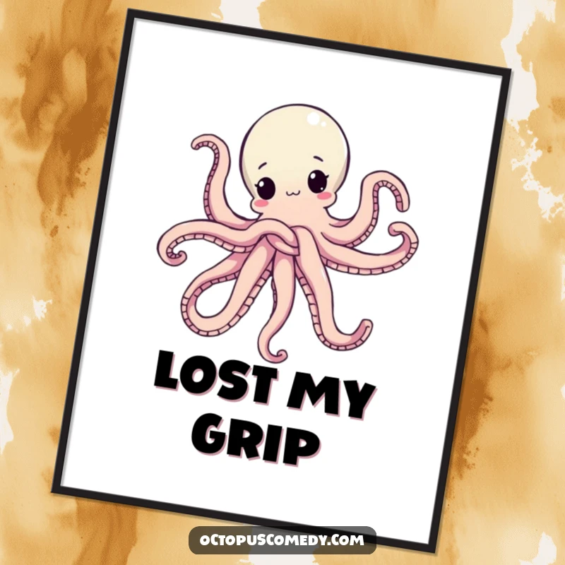 Funny poster art of an octopus hilariously tangled in its own arms, ideal for adding comedic value to any room as a funny gift.