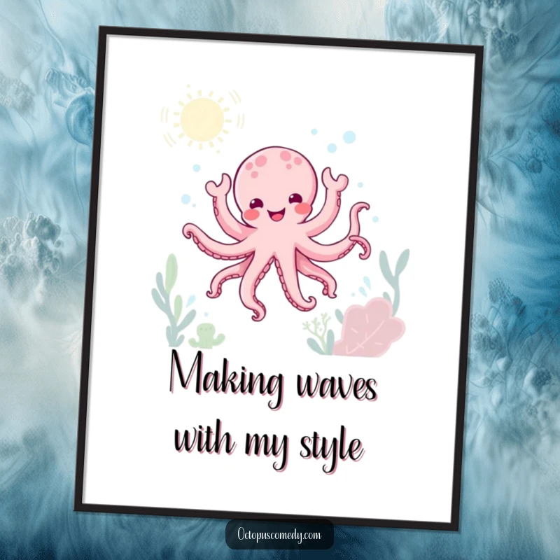 Funny kawaii octopus doing a joyful underwater dance, lively wall art poster, fun gift.