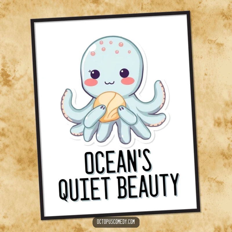 Funny kawaii octopus artwork showing a shy blush and a seashell, creating a heartwarming and cute wall decor piece.