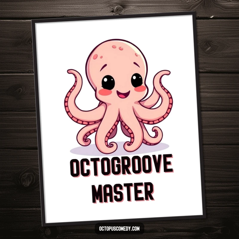 Funny poster showcasing a joyful octopus doing a lively jig, its tentacles swirling with energetic happiness, ideal for wall decor.