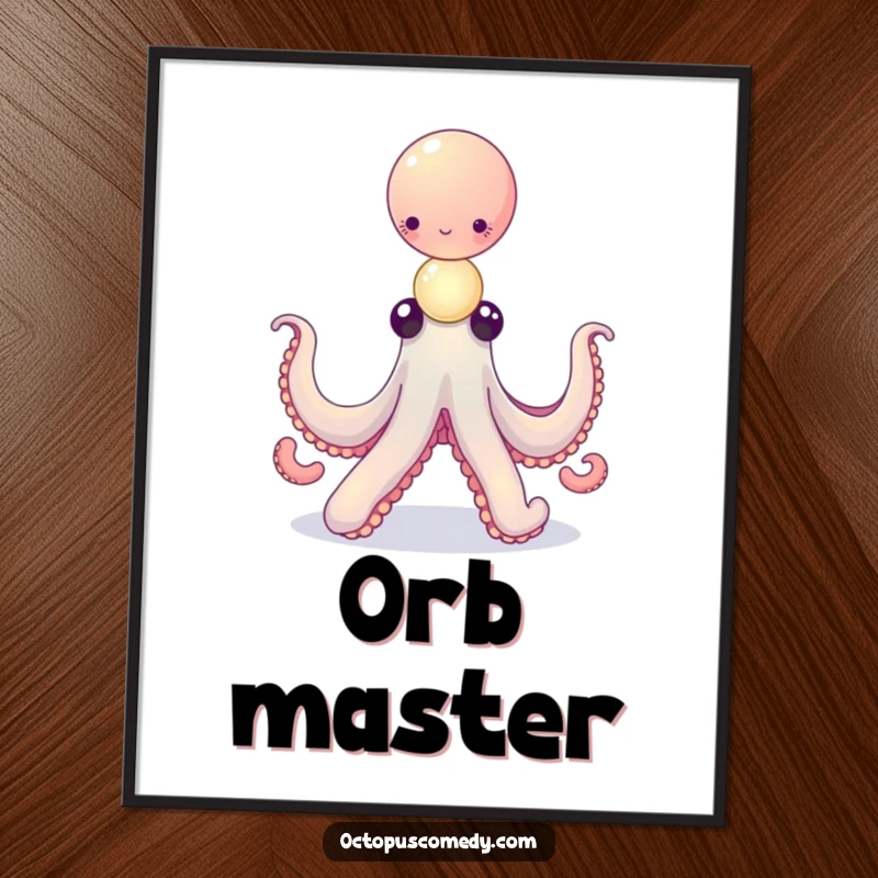 Funny octopus balancing a delicate stack of tiny, glowing orbs on a poster, creating magical wall art, great gift.