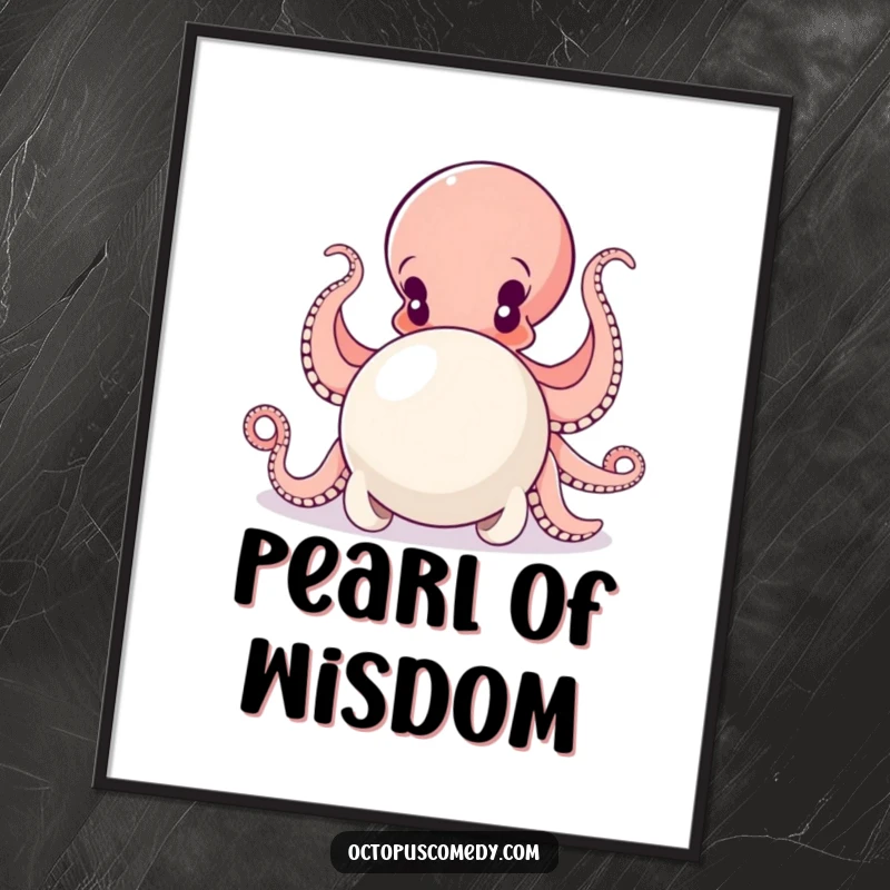 Funny poster displaying a determined octopus using all its arms to push a large, luminous pearl, symbolizing effort.