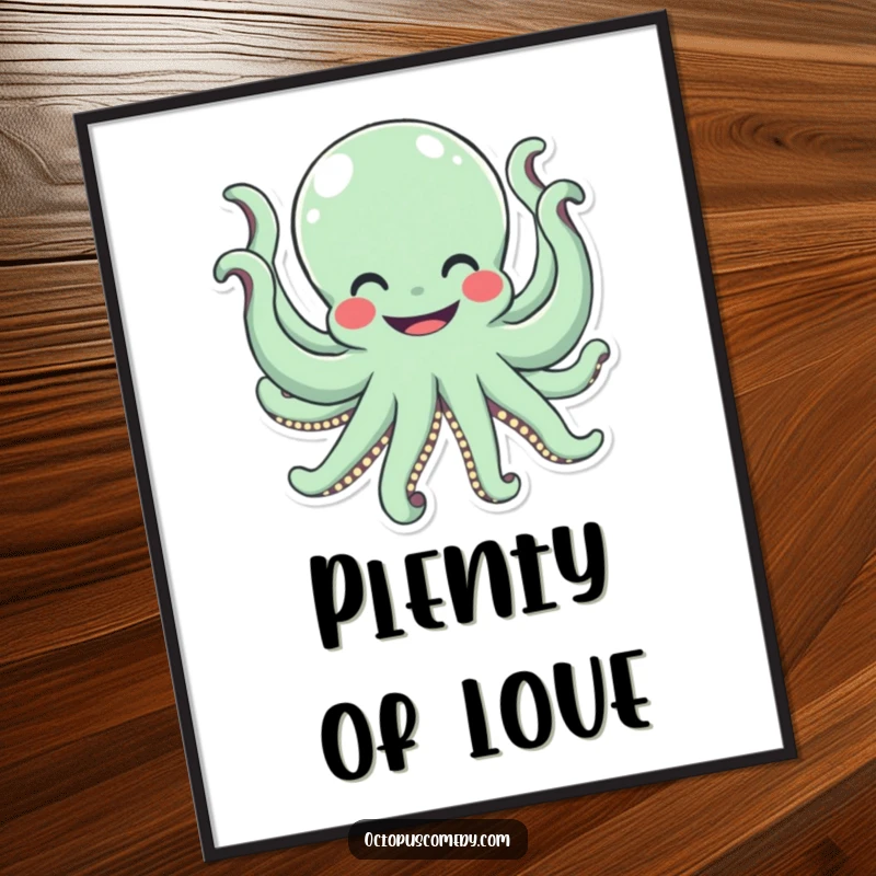 Funny octopus with a wide smile waving all eight arms, humorous poster art for cheerful decor.