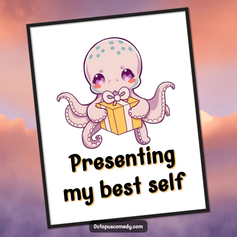Funny Octopus Poster: Artistic depiction of a funny octopus playfully unwrapping a small, colorful gift box with its tentacles.