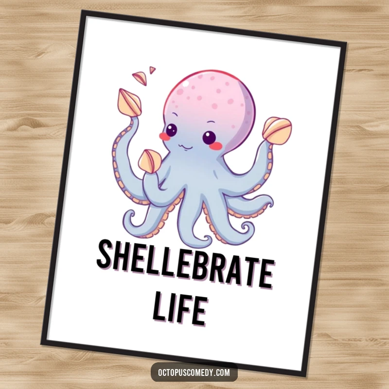 Funny poster of an octopus skillfully juggling seashells with its suckers, creating a lively and humorous piece of art.