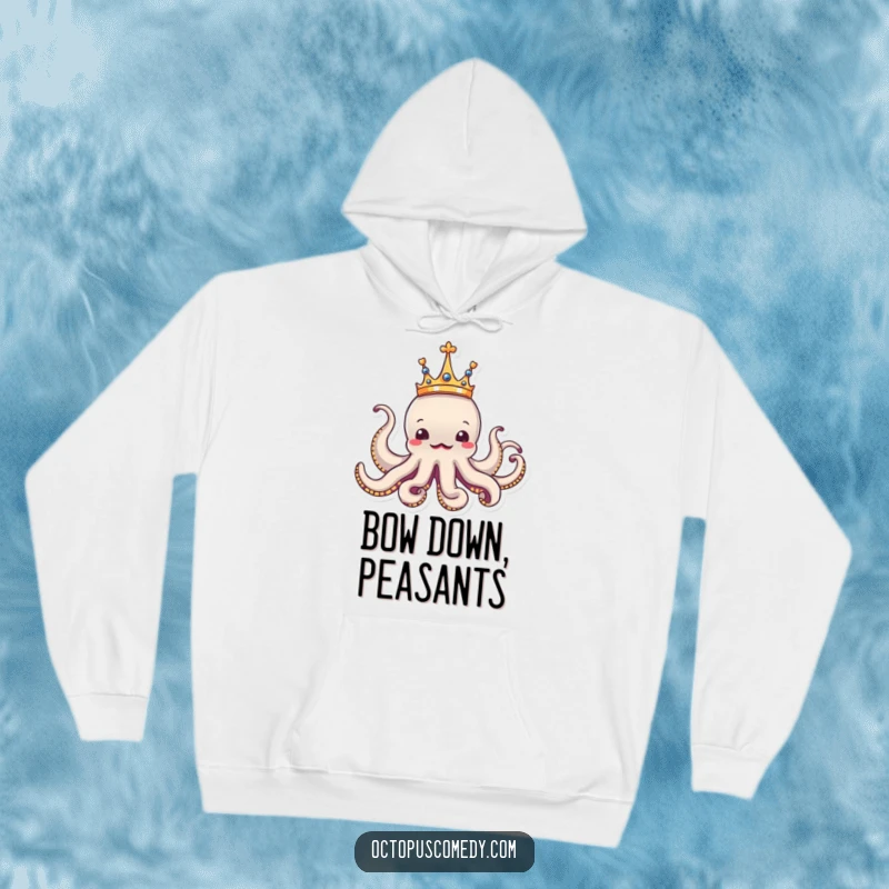 Funny octopus wearing a tiny crown, looking regal and amusing, a cozy hoodie for humorous royalty.