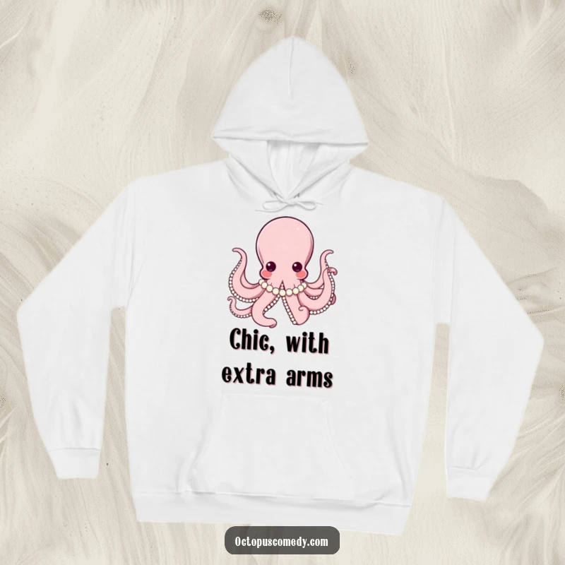 Elegant octopus wearing a string of pearls, looking sophisticated and warm in this luxurious hoodie.
