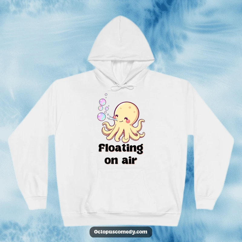 Funny Kawaii Octopus Hoodie showcasing a playful octopus blowing mesmerizing iridescent bubbles, offering warmth and a touch of enchanting fun.