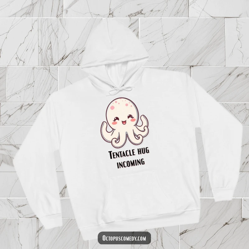 Funny Kawaii Octopus Hoodie depicting a joyful octopus with a wide, delighted smile and sparkling eyes, offering cozy and cheerful vibes.