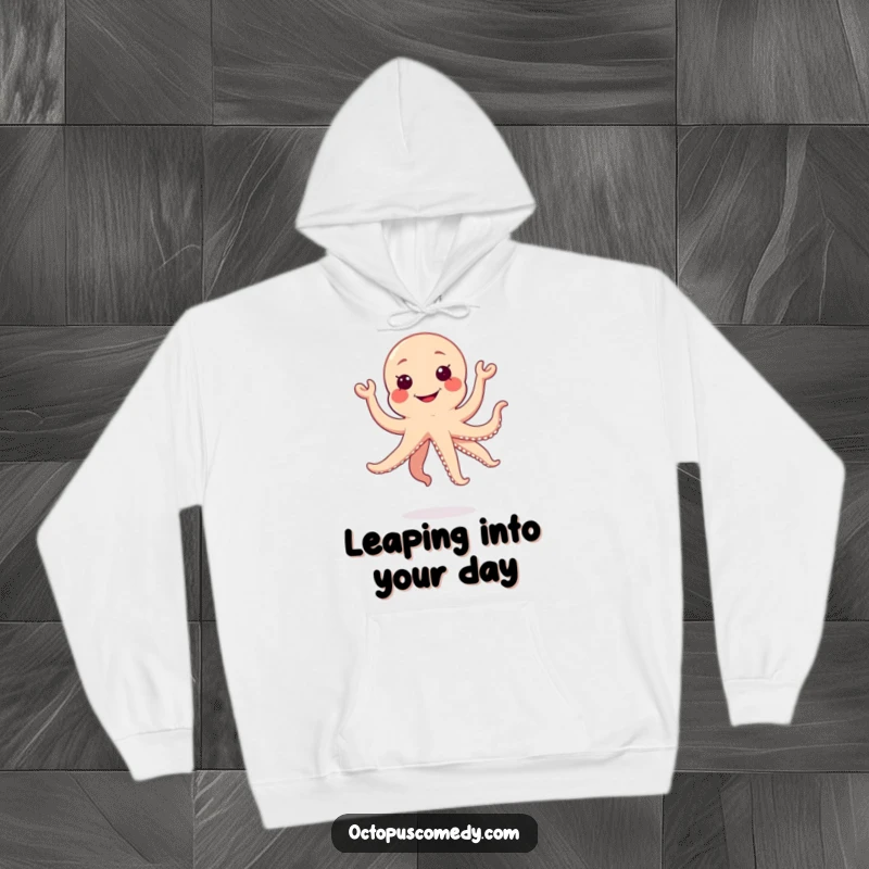 Funny happy jumping kawaii octopus with a silly grin on a cozy hoodie, warm and cheerful gift.