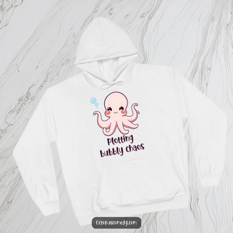 Funny octopus with a mischievous grin happily blowing bubbles, comfortable hoodie for cozy and humorous wear.
