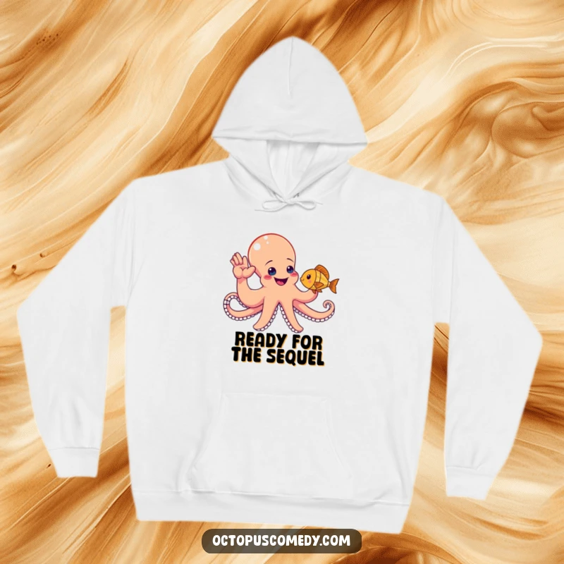 Funny octopus offering a high-five to a fish, a cozy hoodie for humorous warmth and friendship.