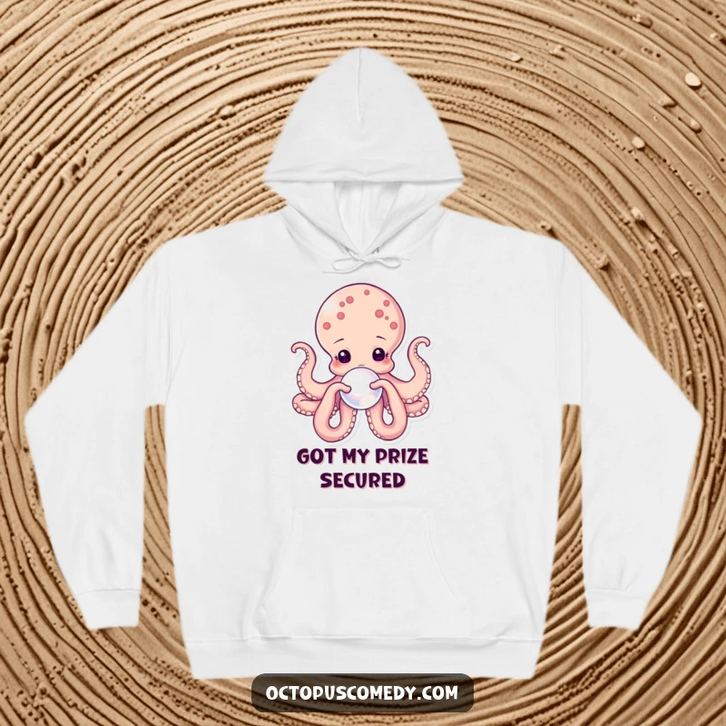 Funny octopus hoodie depicting a serene octopus gently holding a lustrous pearl, perfect for a cozy and sophisticated look.