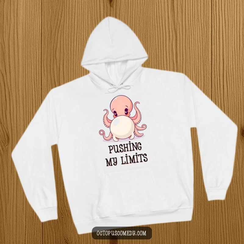 Funny hoodie showing a determined octopus using its multiple arms to push a large pearl, representing effort and focus.