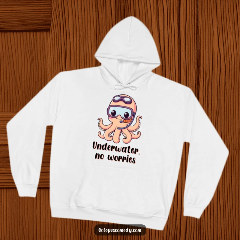 Funny kawaii octopus wearing a tiny snorkel, looking adventurous and warm in this cozy hoodie, perfect for chilly explorations.