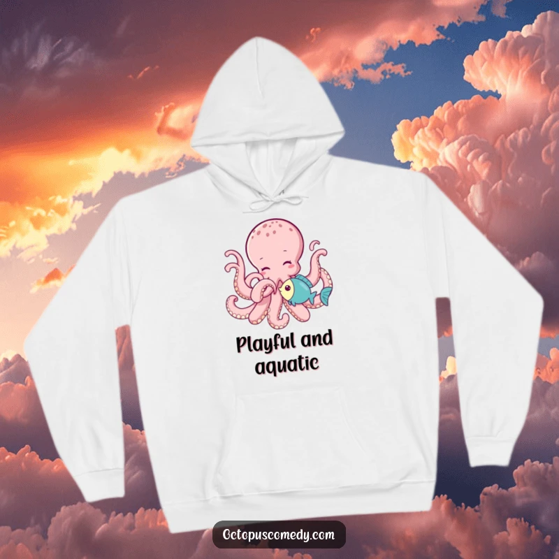 Funny octopus playfully tickling a little fish with a tentacle, depicted on a warm and cozy hoodie.