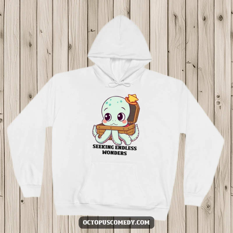 Funny hoodie featuring an octopus with big, curious eyes gazing intently at a treasure chest, perfect for cozy exploration.