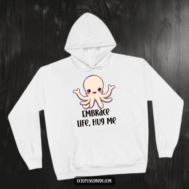 Funny kawaii octopus with arms reaching out in a friendly gesture on a cozy hoodie, warm hug gift.