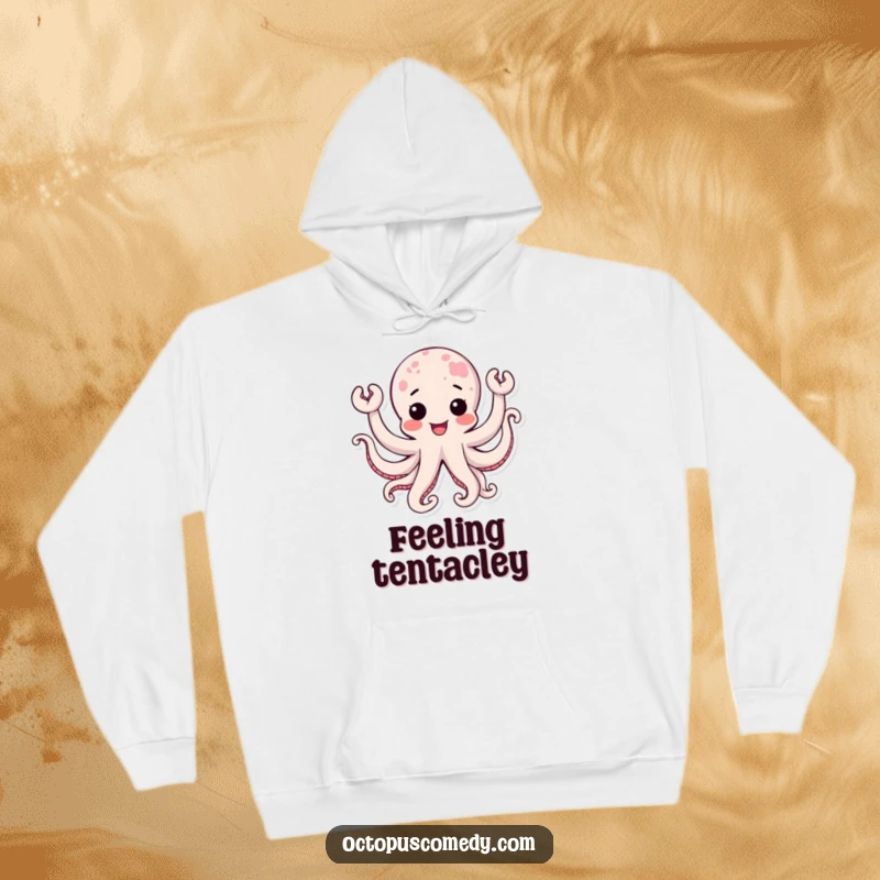 Funny kawaii octopus with joyful, waving tentacles, depicted on a soft, warm, and humorous hoodie.