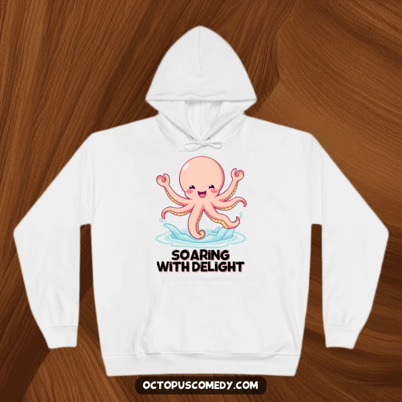 Funny bouncy octopus leaping with extreme glee out of the water, designed for a cozy hoodie.