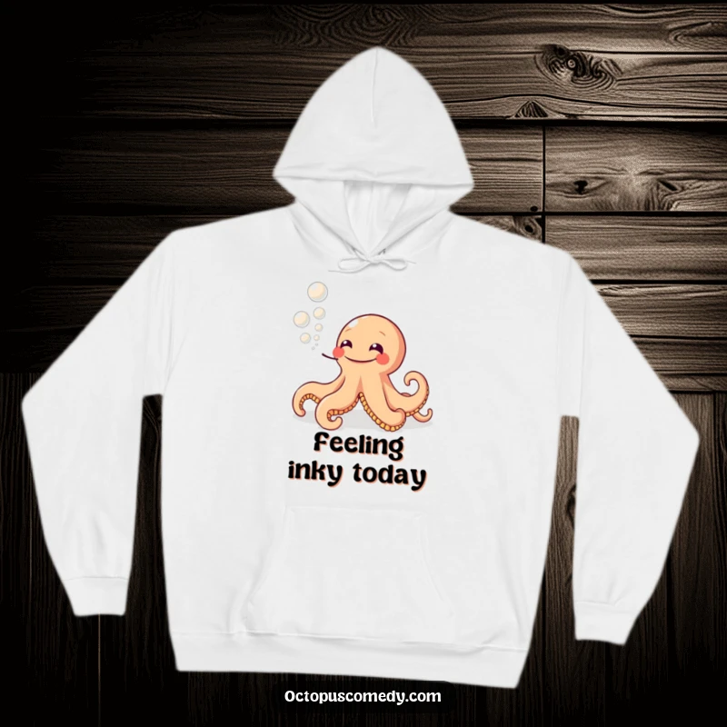 Funny hoodie showcasing a grinning octopus blowing ink bubbles, offering cozy humor and a wonderfully funny gift.