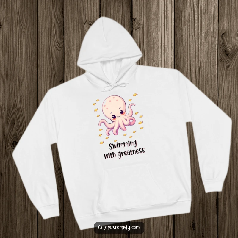 Funny octopus happily drifting through a school of small, sparkly fish on a hoodie, perfect for cozy ocean vibes.