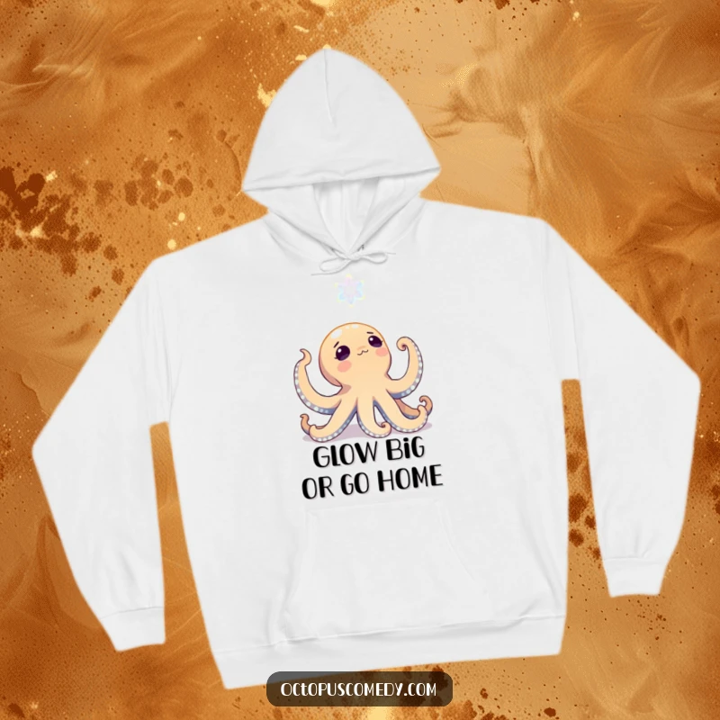 Funny octopus looking up with wonder at a bioluminescent bloom on a hoodie, perfect for cozy enchantment and awe.