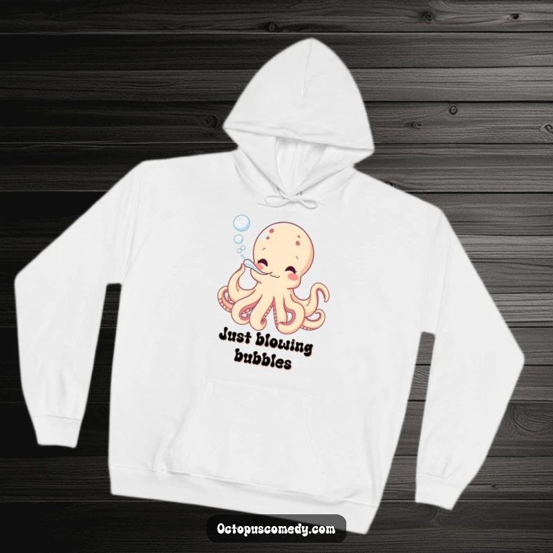 Funny hoodie featuring a happy octopus blowing bubbles, offering cozy comfort and a splash of playful ocean humor as a funny gift.