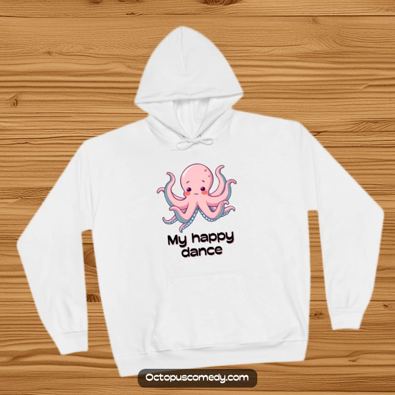 Funny Octopus Hoodie with a graphic of an octopus enthusiastically dancing with all eight arms in a silly, joyful manner.