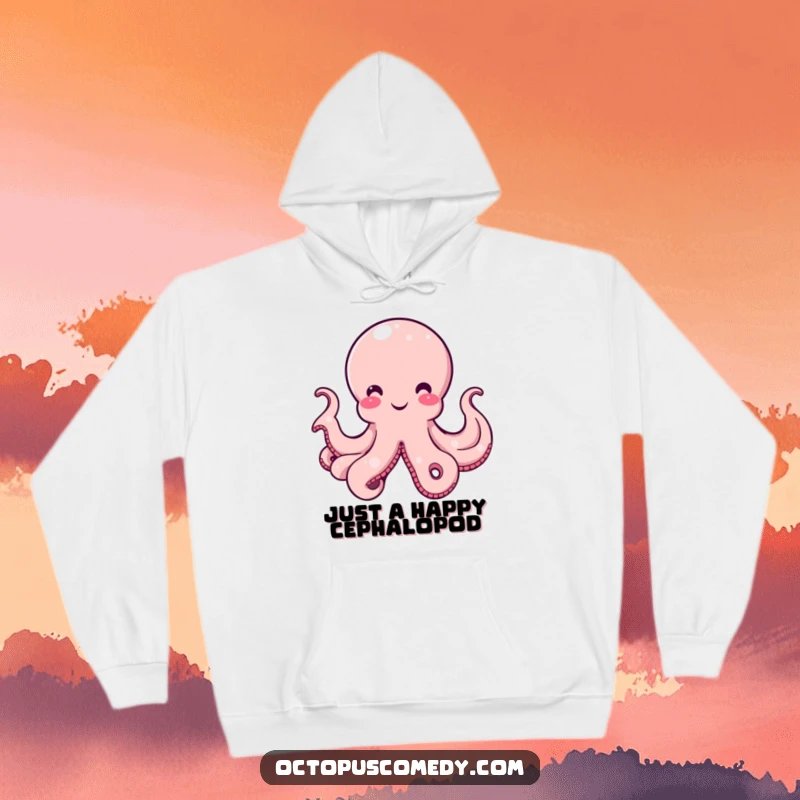Funny Octopus Hoodie featuring a smiling cephalopod with a gentle curve in its bell, radiating amusement and cozy vibes.