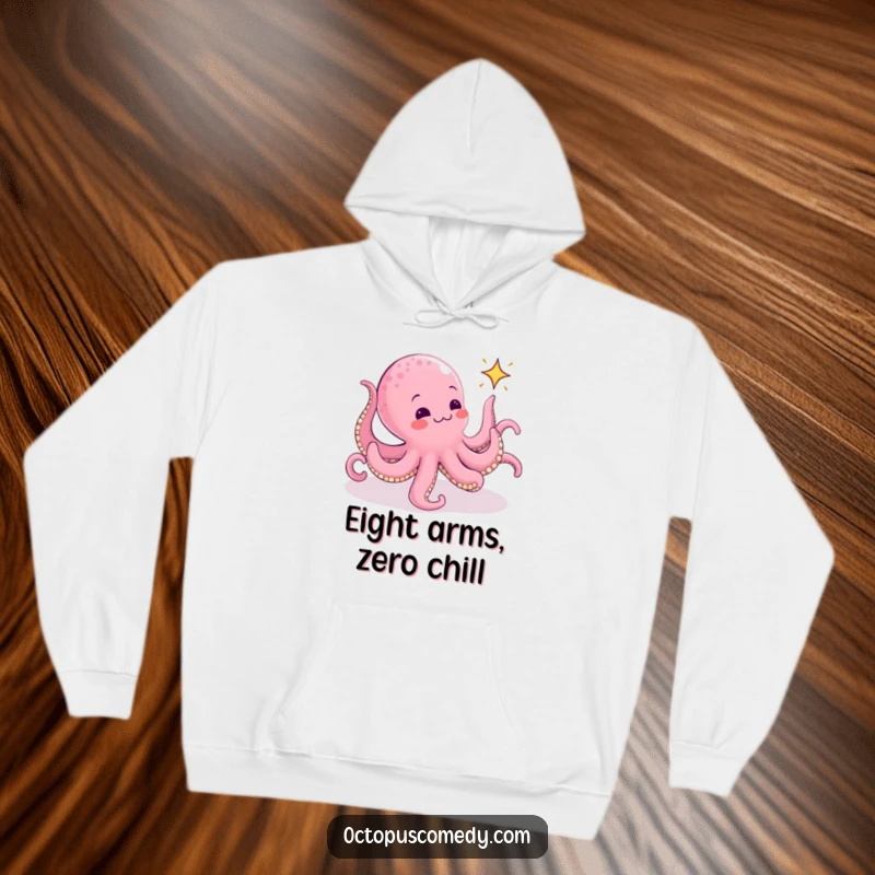 Funny Octopus Hoodie: A whimsical octopus with multiple arms reaching out, hilariously pursuing a small, animated sparkle in a fun design.