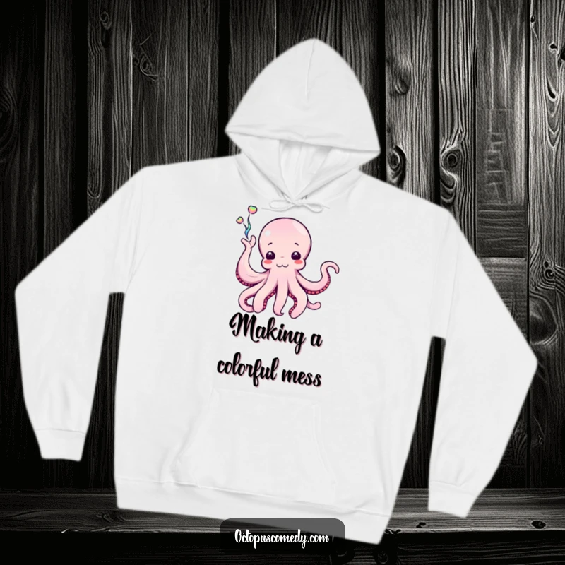 Funny Octopus Hoodie featuring a cephalopod enthusiastically waving a stream of iridescent ink, offering warmth and artistic flair.