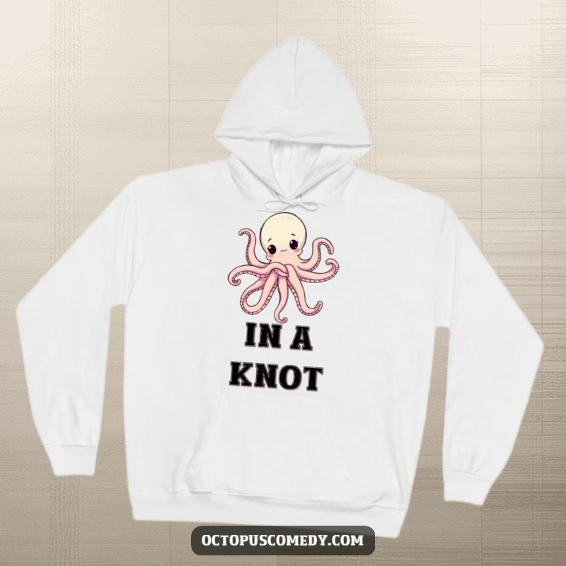 Funny hoodie depicting an octopus hilariously tied up in its own arms, offering warmth and relatable humor as a funny gift.
