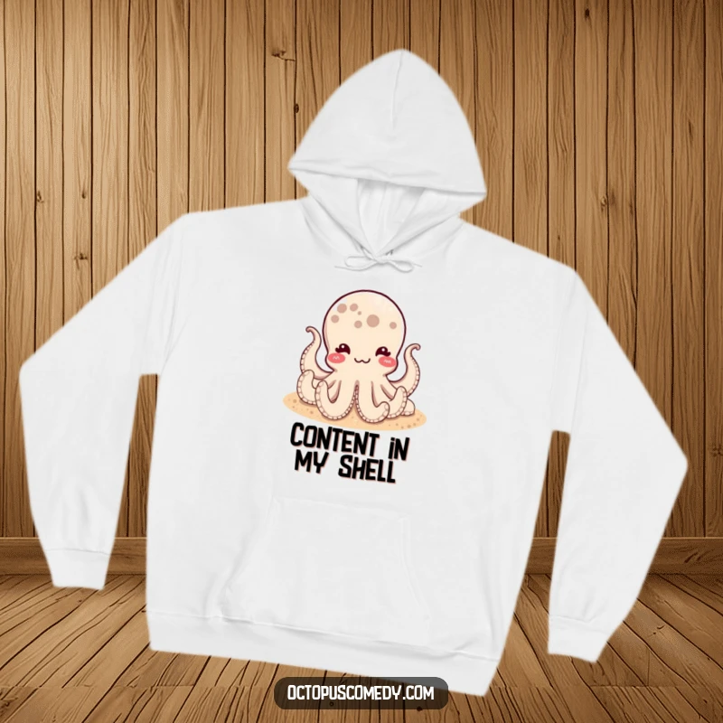 Funny hoodie featuring a satisfied octopus resting on a sandy bottom, offering cozy relaxation and a wonderfully funny gift.