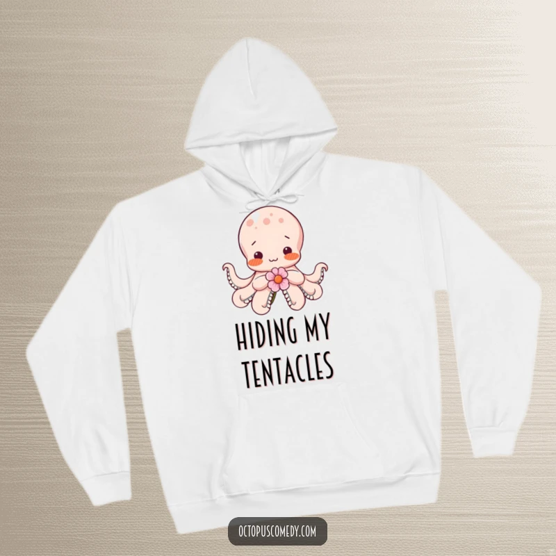 Funny shy octopus blushing with rosy cheeks, clutching a delicate flower, designed for a cozy and warm hoodie experience.