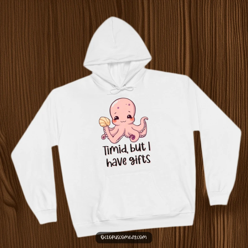 Funny hoodie featuring a shy octopus politely offering a seashell, great for cozy wear and as a funny ocean-themed gift.