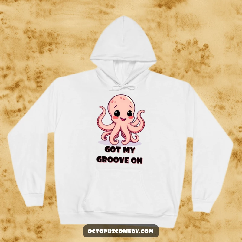Funny and cozy hoodie featuring a happy octopus doing a cheerful jig, its tentacles flowing with joyful energy.
