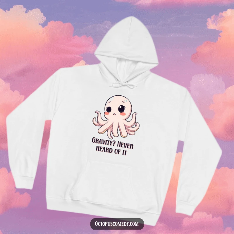 Funny octopus with a surprised blink, floating upwards in this warm and humorous hoodie, ready for cozy surprises.