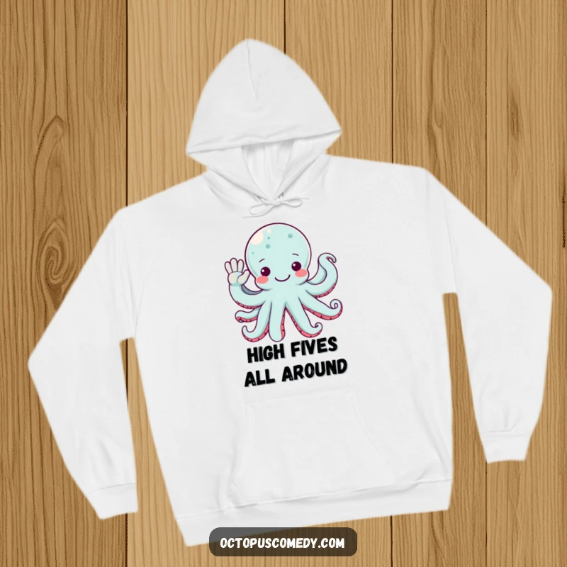 Funny octopus design on a hoodie, featuring multiple arms waving a friendly hello, perfect for comfort.