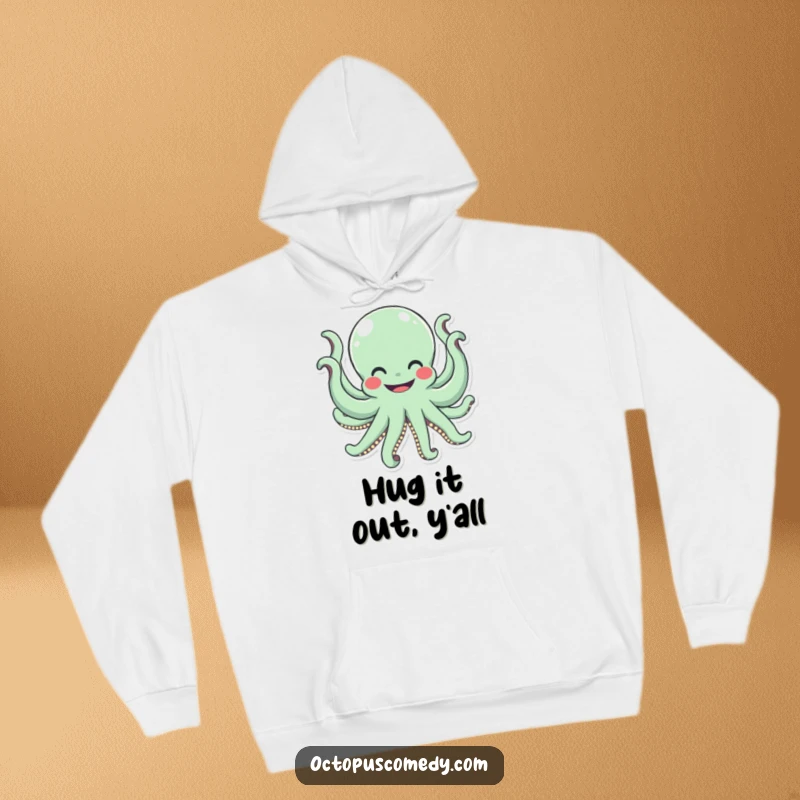Funny octopus with a wide smile cheerfully waving all eight arms, a cozy and humorous hoodie.