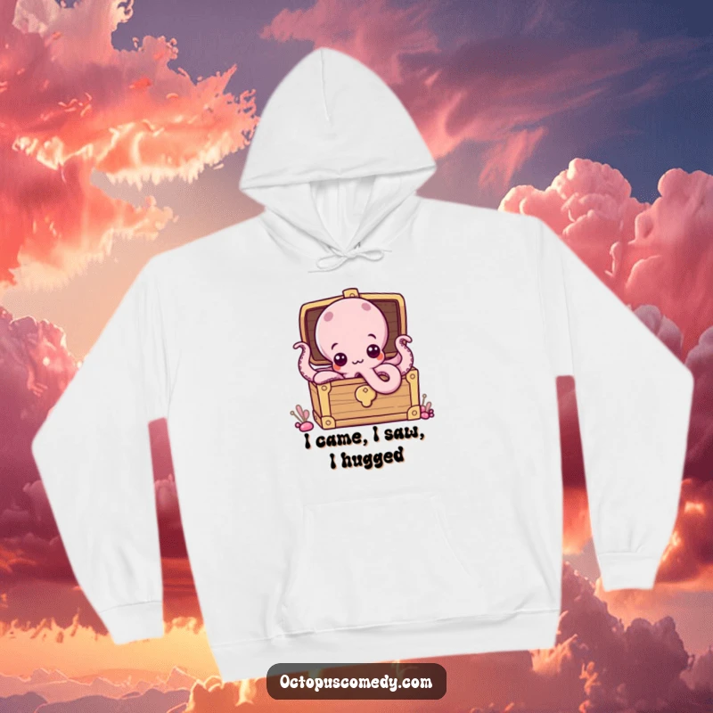 Funny hoodie featuring a curious octopus peeking from a treasure chest, offering warmth and a delightful sense of humor.