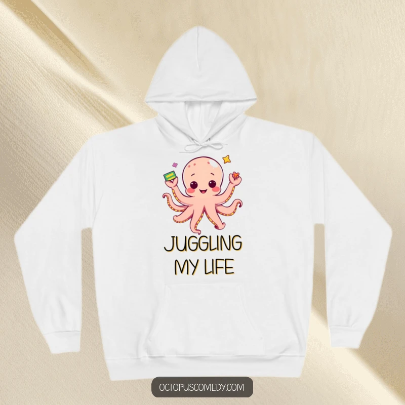 Funny kawaii octopus juggling items with its tentacles, depicted on a soft, warm, and humorous hoodie.