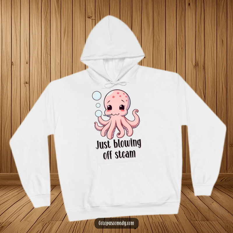 Funny hoodie featuring a comical octopus playfully blowing bubbles, offering warmth and a dose of underwater humor.