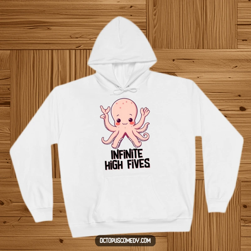 Funny and cute kawaii octopus design on a hoodie, with its many arms waving in a friendly, happy gesture.