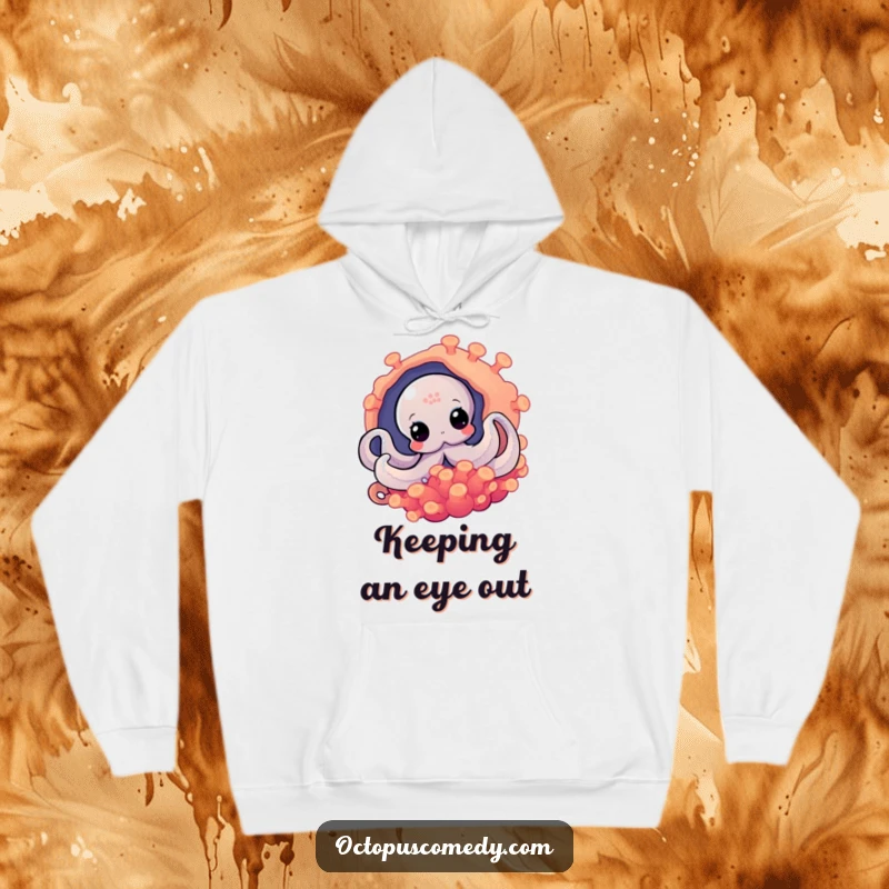 Funny octopus curiously peeking from behind an anemone, a cozy hoodie for humorous mystery.