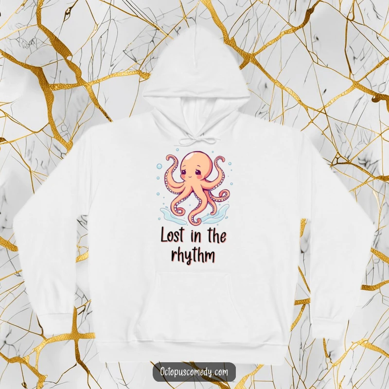 Funny octopus dancing with swirling tentacles in bubbles, a cozy hoodie for humorous rhythm.